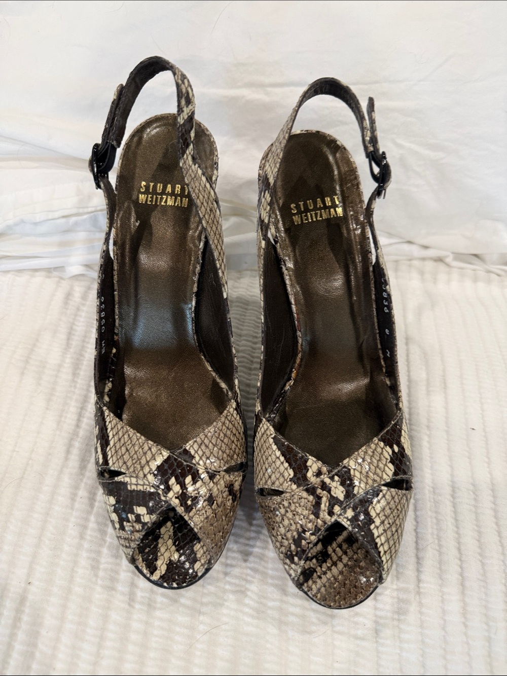 Stuart Weitzman Snakeskin Peep-Toe Slingback Heels in Brown and Cream